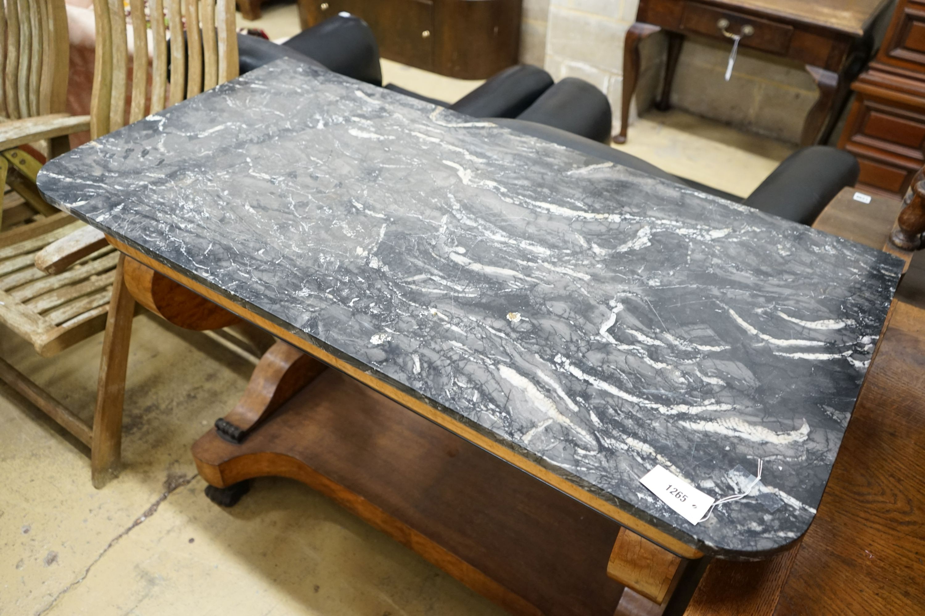 A 19th century French bird's eye maple marble topped console table, width 130cm, depth 64cm, height 89cm